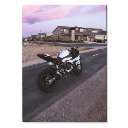 BMW S1000RR motorcycle poster with rear view on suburban street at sunset wall art.