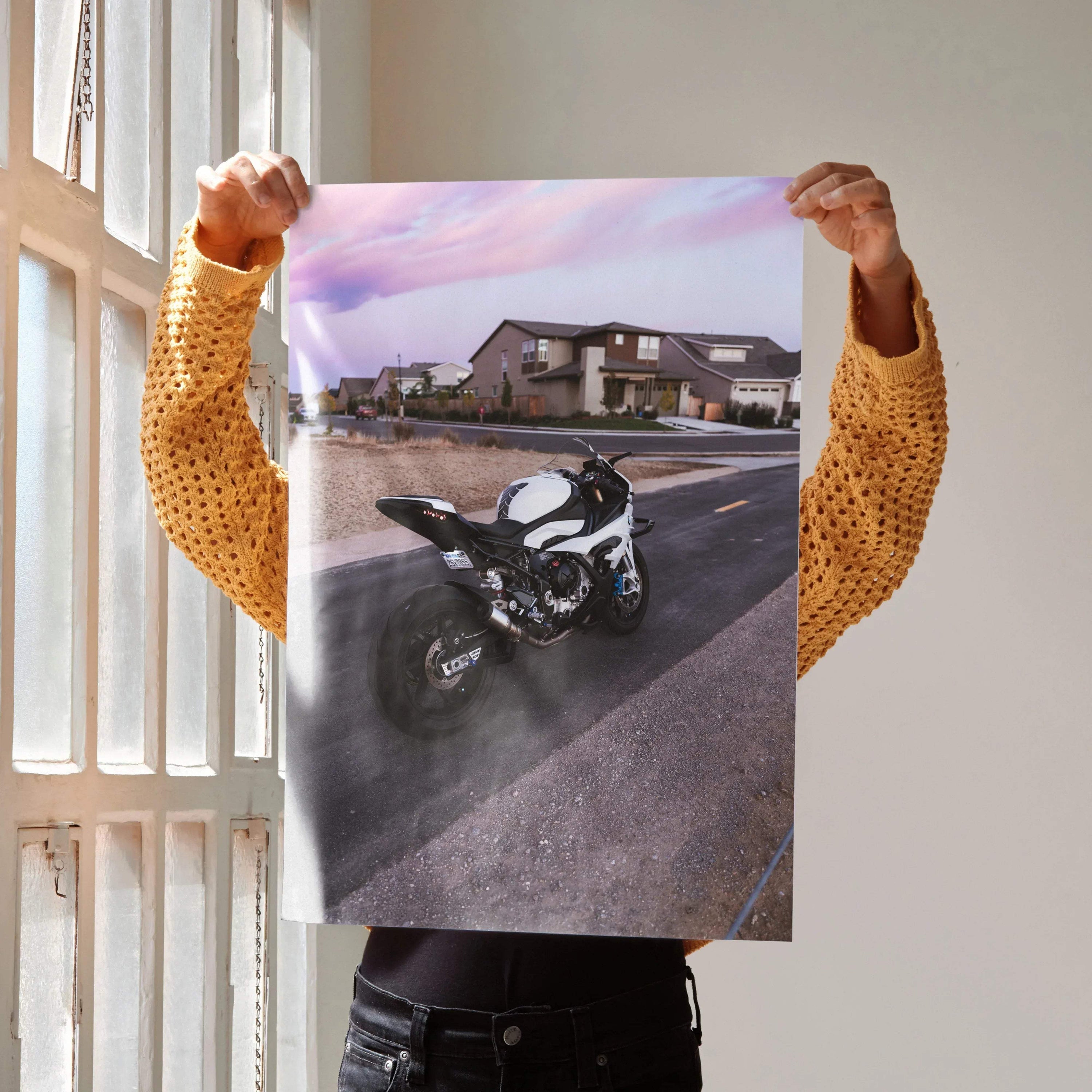 BMW S1000RR motorcycle poster with dynamic street scene, perfect wall art for enthusiasts.