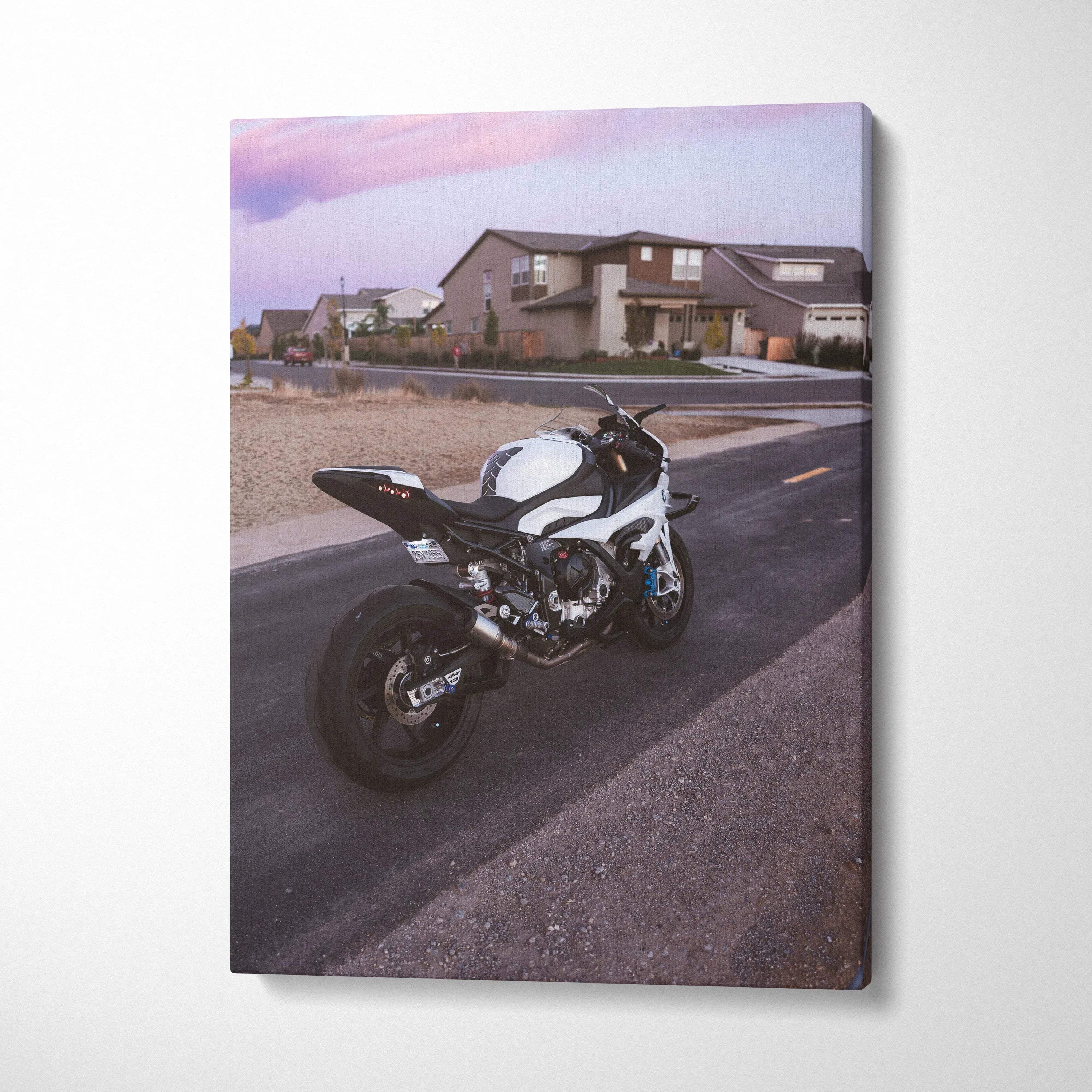 BMW S1000RR motorcycle canvas art with suburban street background, vertical wall art print.