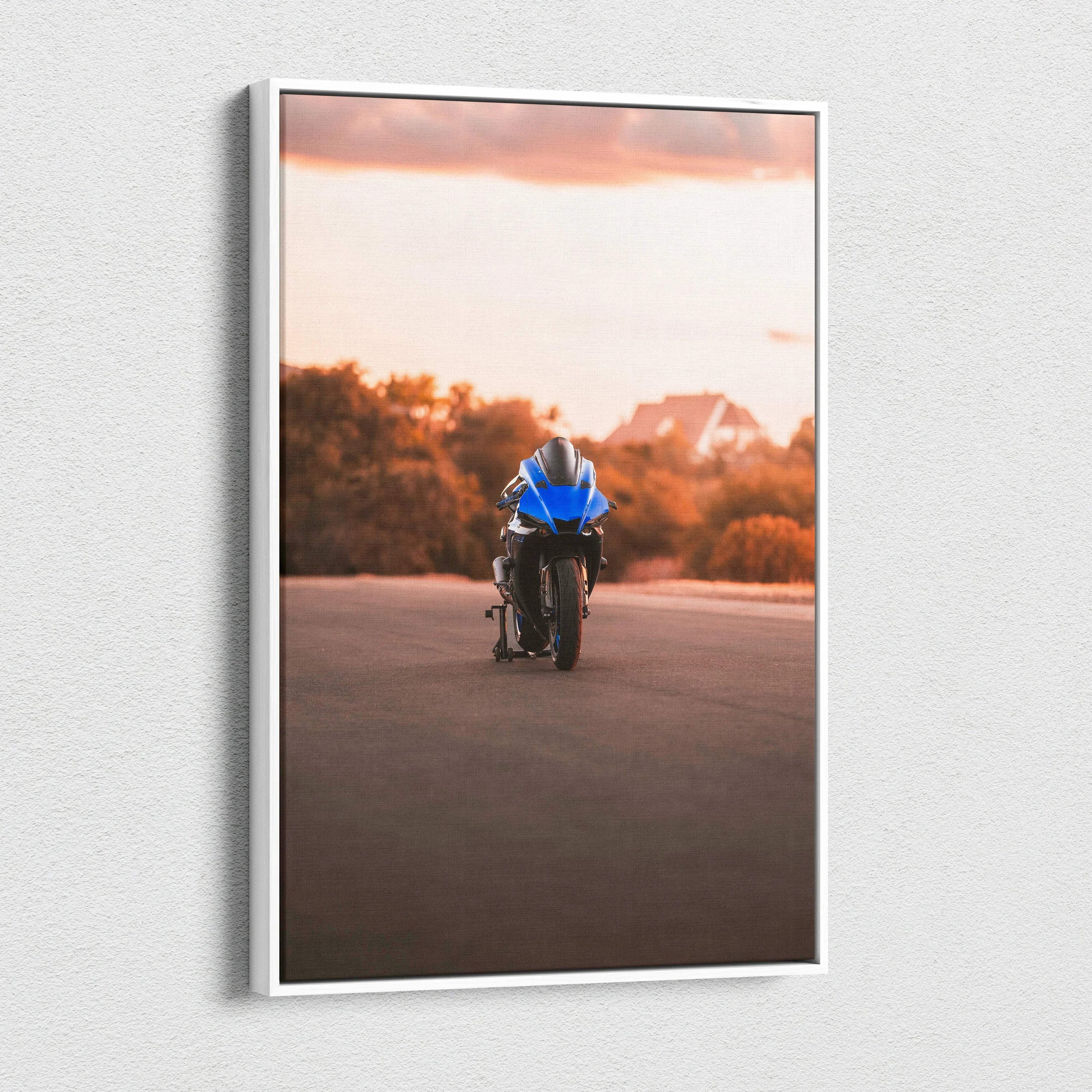 Yamaha R1 motorcycle on road at sunset vertical canvas wall art with warm sky background.