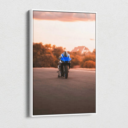 Yamaha R1 motorcycle on road at sunset vertical canvas wall art with warm sky background.