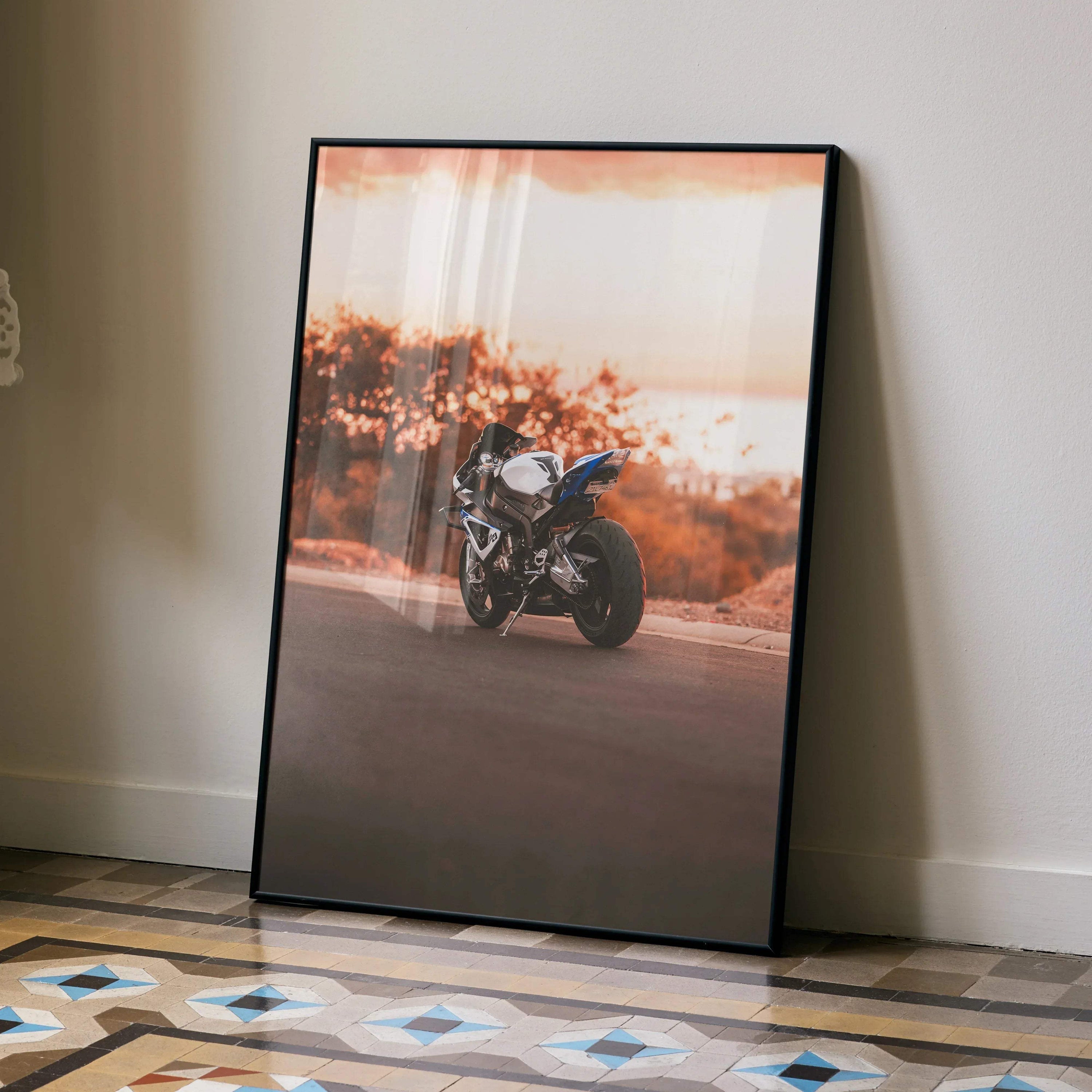 BMW S1000RR HP4 motorcycle poster with autumn background wall art in black frame.