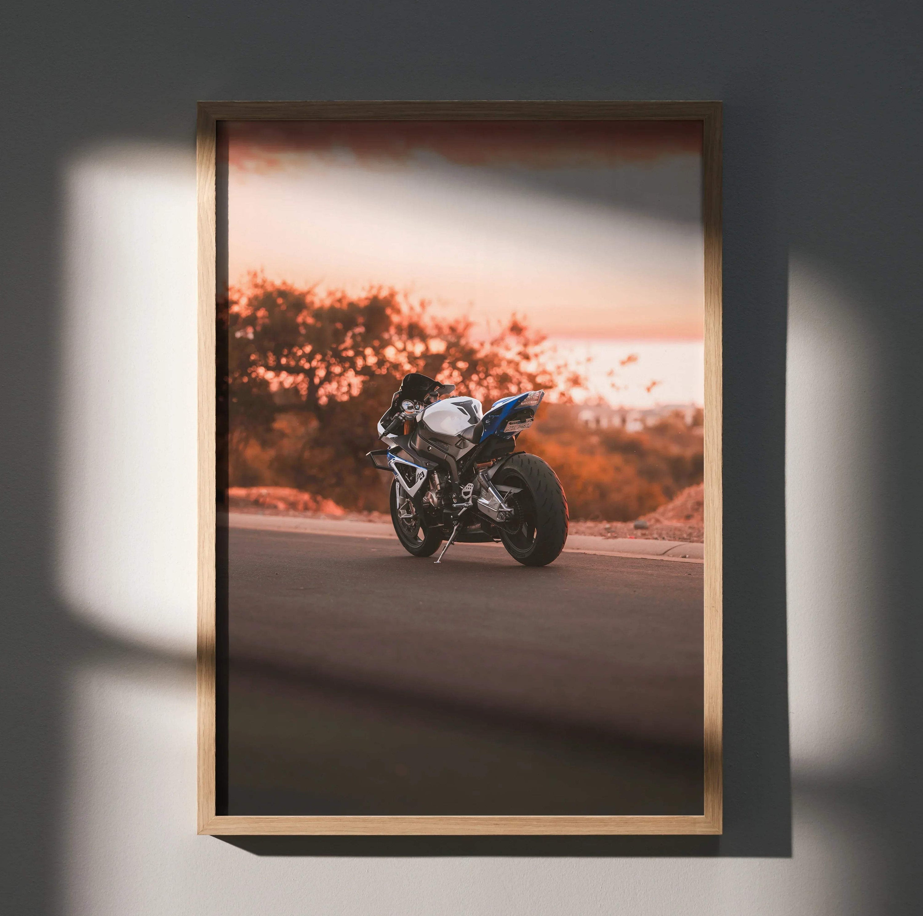 BMW S1000RR HP4 motorcycle poster with sunset road scene, high-quality wall art print.
