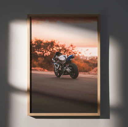 BMW S1000RR HP4 motorcycle poster with sunset road scene, high-quality wall art print.