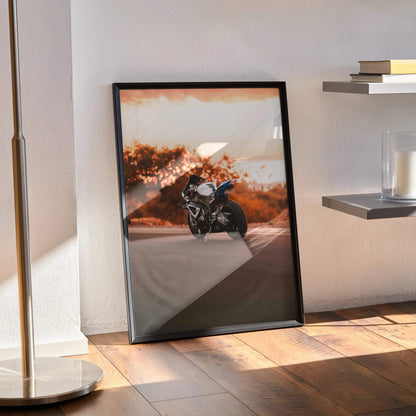BMW S1000RR HP4 motorcycle poster with dynamic racing scene, high-quality wall art print.