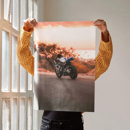 BMW S1000RR HP4 motorcycle poster with dynamic road scene and sunset background wall art.
