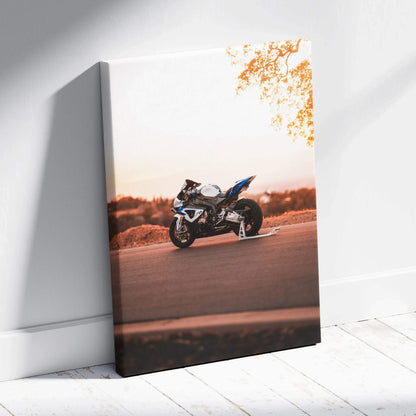 BMW S1000RR motorcycle at sunset on high-resolution vertical canvas wall art with warm tones.