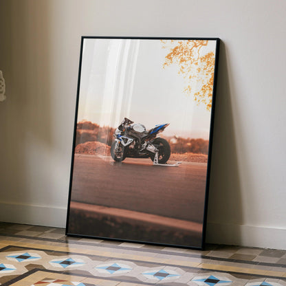 BMW S1000RR HP4 motorcycle poster with autumn trees and warm tones, modern wall art print.