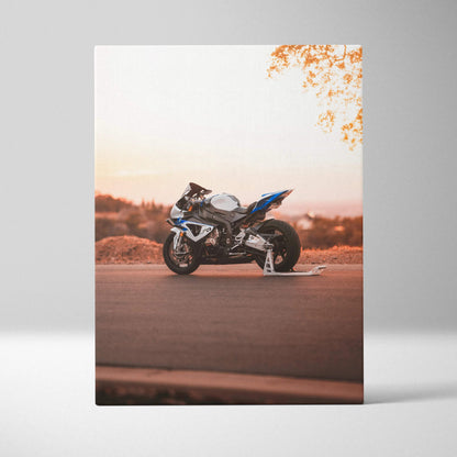 BMW S1000RR motorcycle at sunset on high-resolution vertical canvas wall art with warm tones and detailed finish.