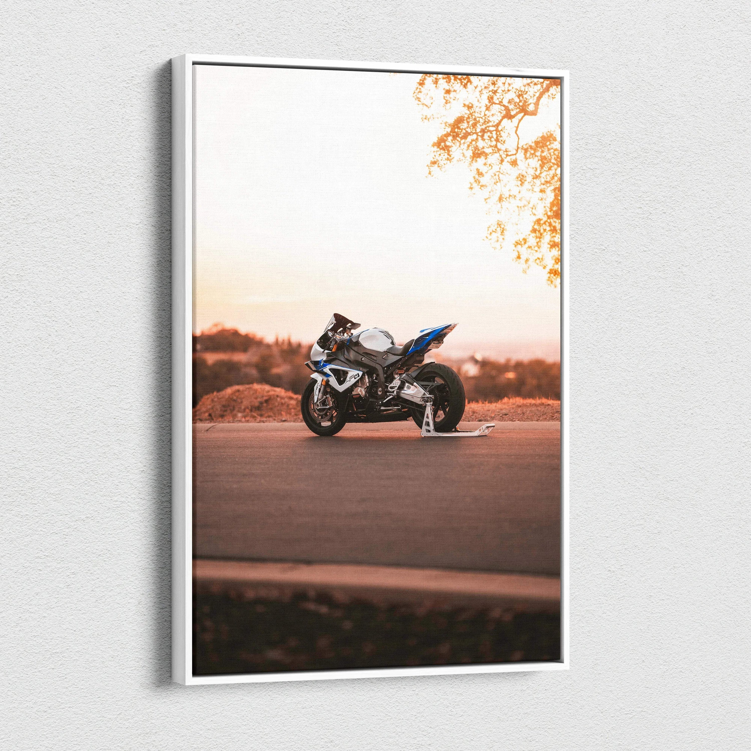 BMW S1000RR motorcycle against sunset sky on vertical canvas wall art print.