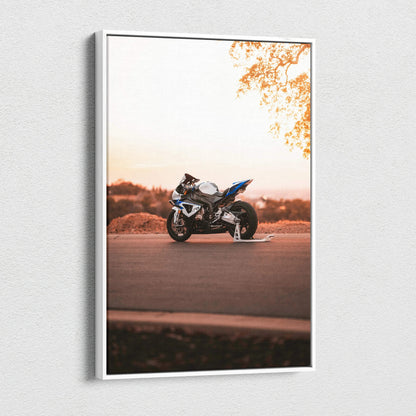 BMW S1000RR motorcycle against sunset sky on vertical canvas wall art print.