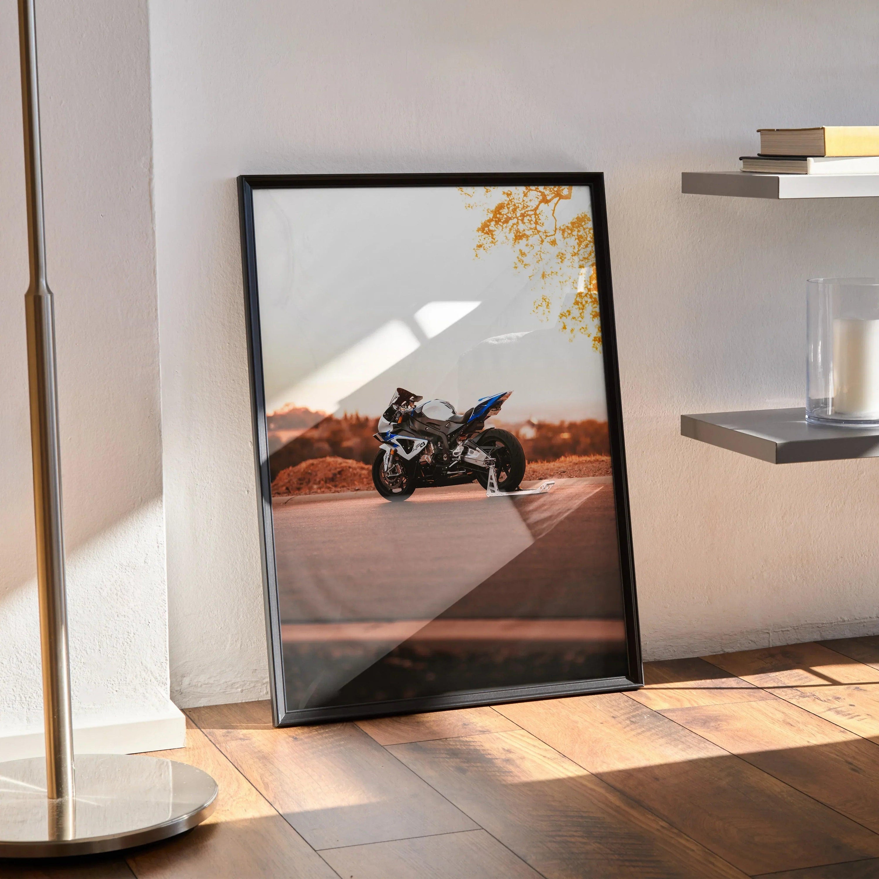 BMW S1000RR HP4 motorcycle poster leaning against wall with modern interior, wall art decor.