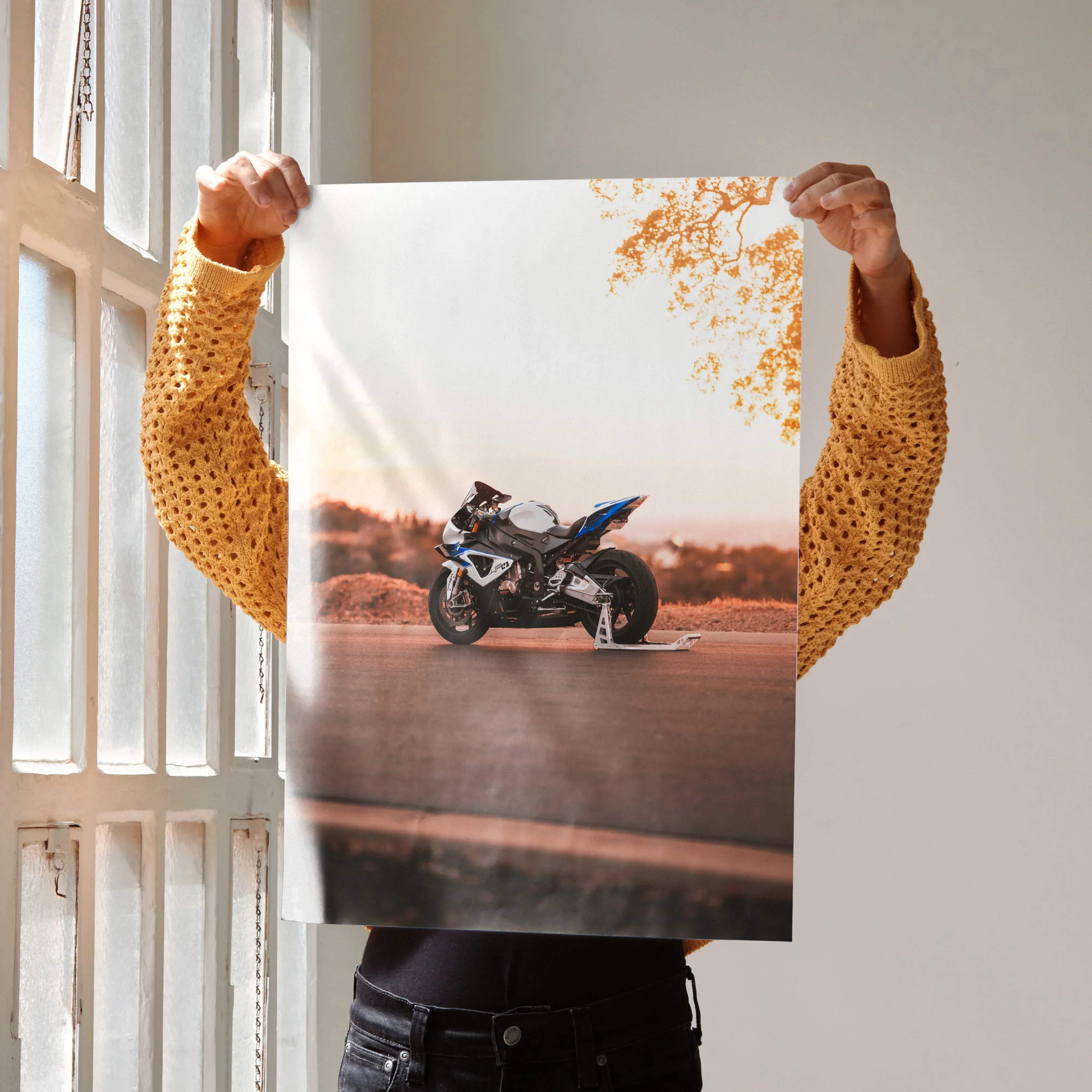 A sleek blue and white BMW inspired S1000RR HP4 sport motorcycle poster art print on an open road wall decor