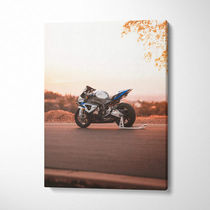 BMW S1000RR motorcycle at sunset on vertical canvas wall art with warm tones and fine detail.
