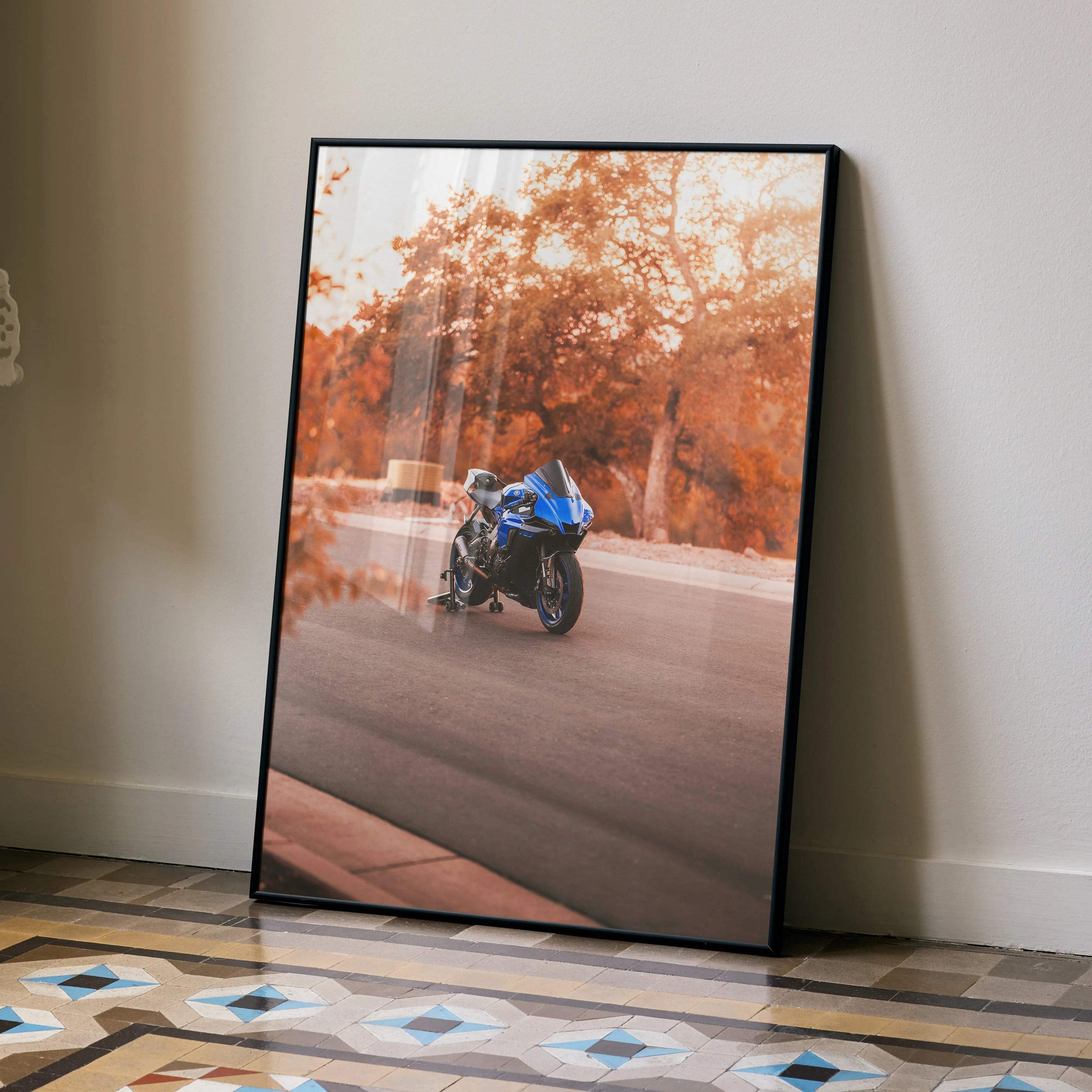 Yamaha YZF-R1 motorcycle racing on road autumn trees poster wall art in black frame.