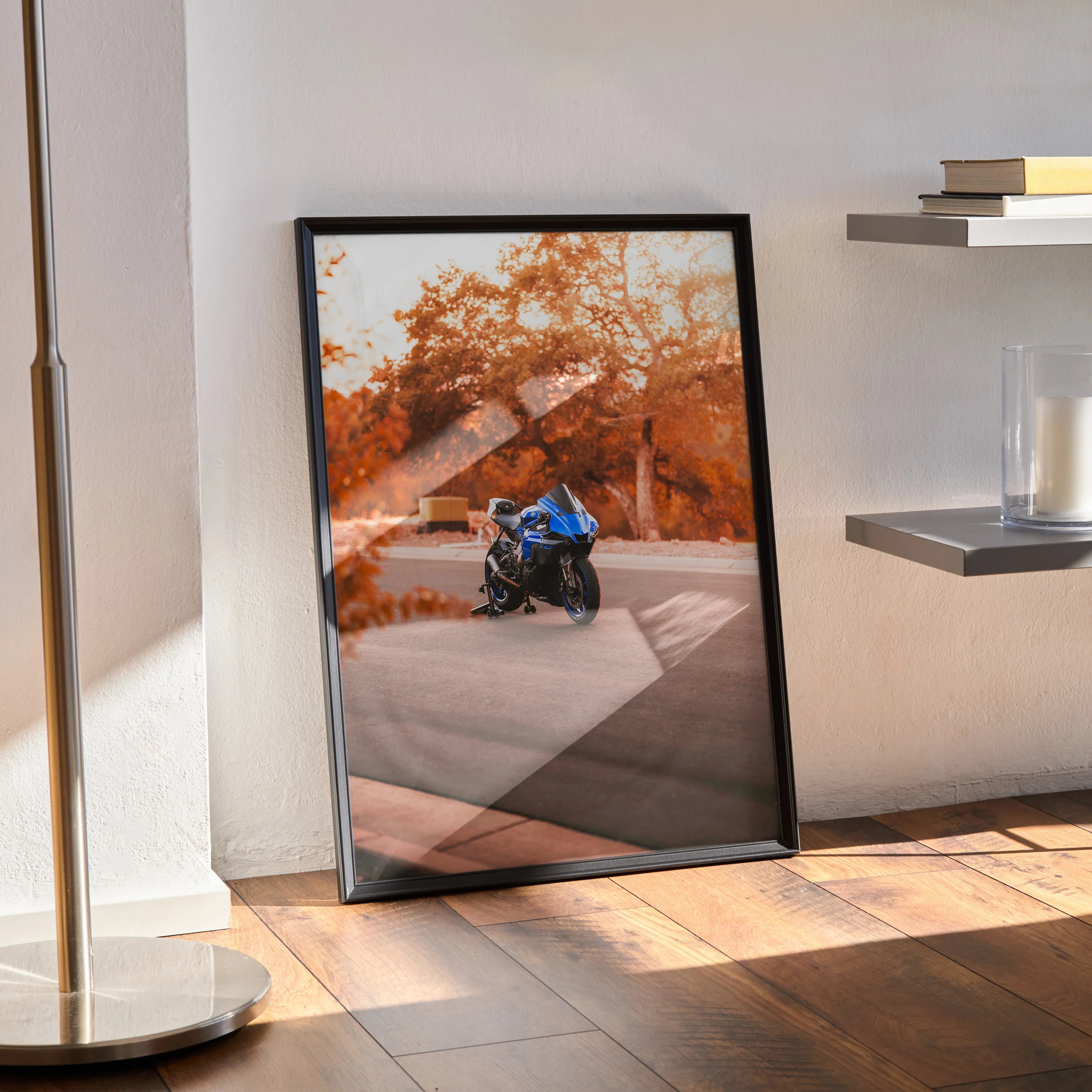 Yamaha YZF-R1 motorcycle poster with autumn trees background framed wall art.