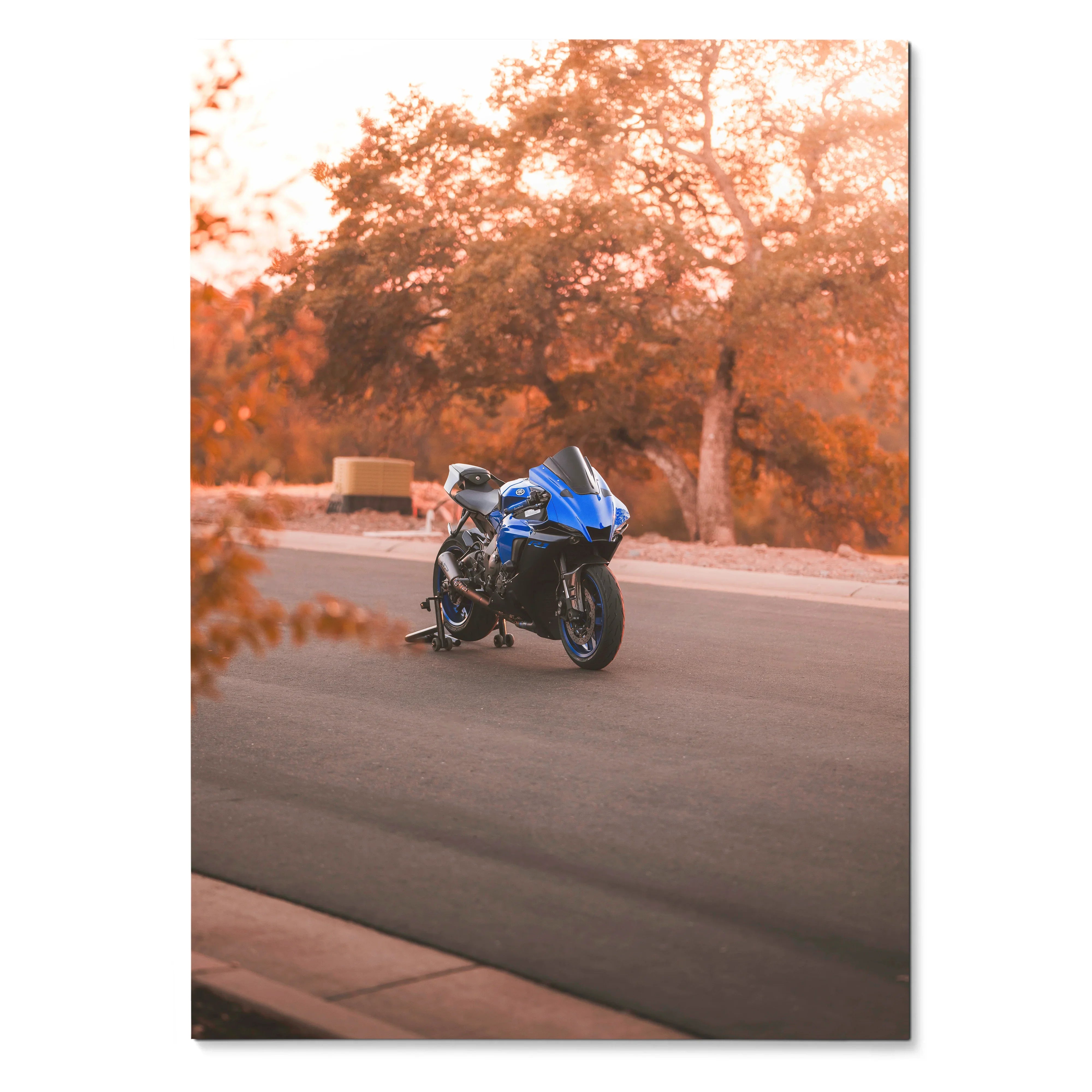 Yamaha YZF-R1 motorcycle on road autumn background poster wall art.