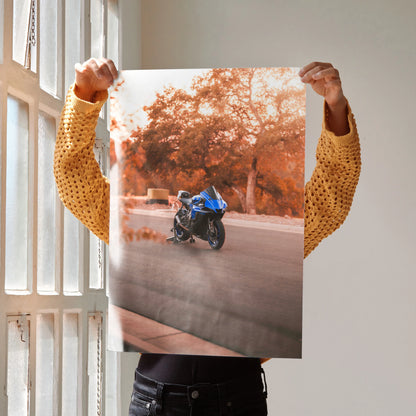 Yamaha YZF-R1 motorcycle riding on road poster wall art with autumn trees background.