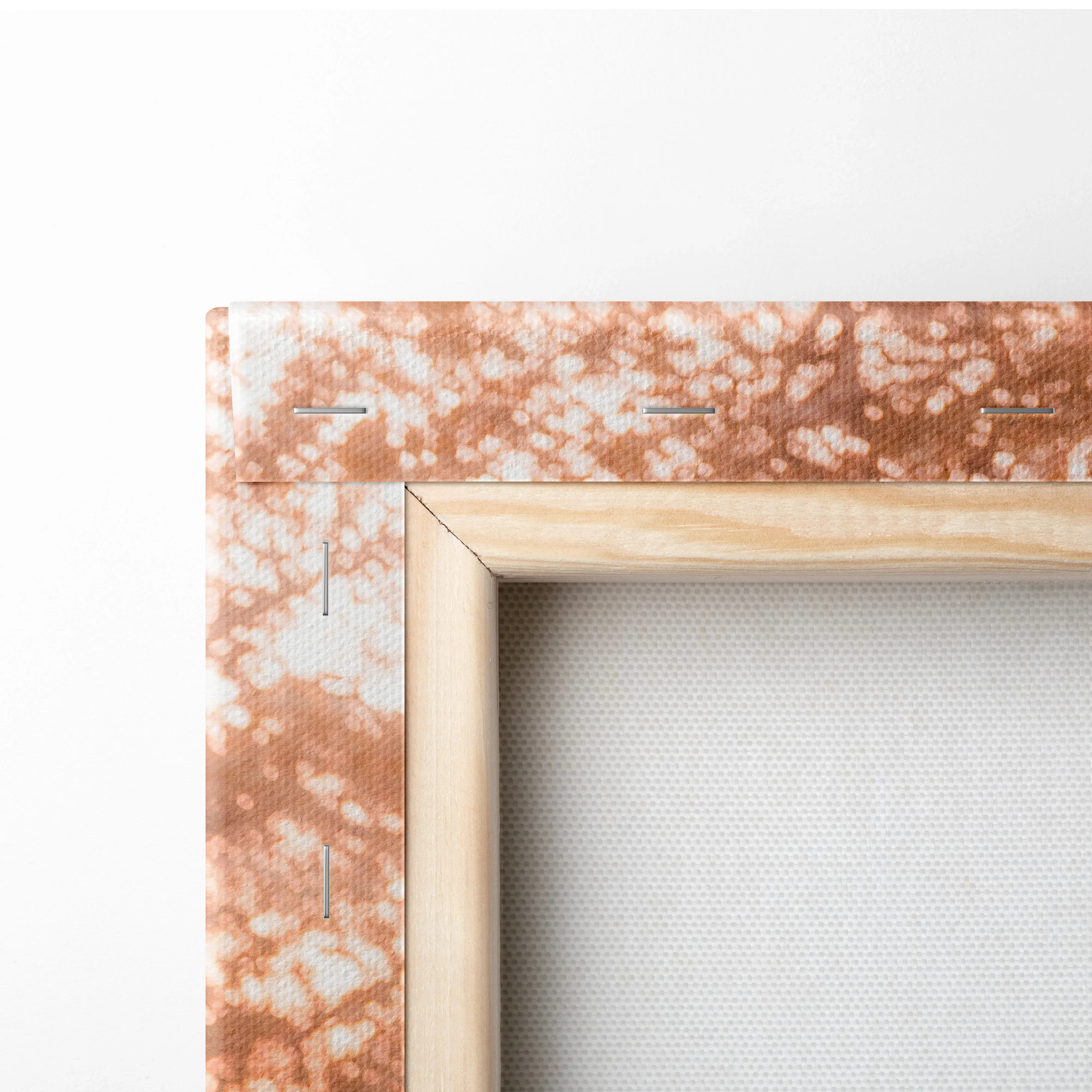 Close-up of wooden frame corner and textured canvas back for high-resolution Yamaha R1 motorcycle wall art canvas print.