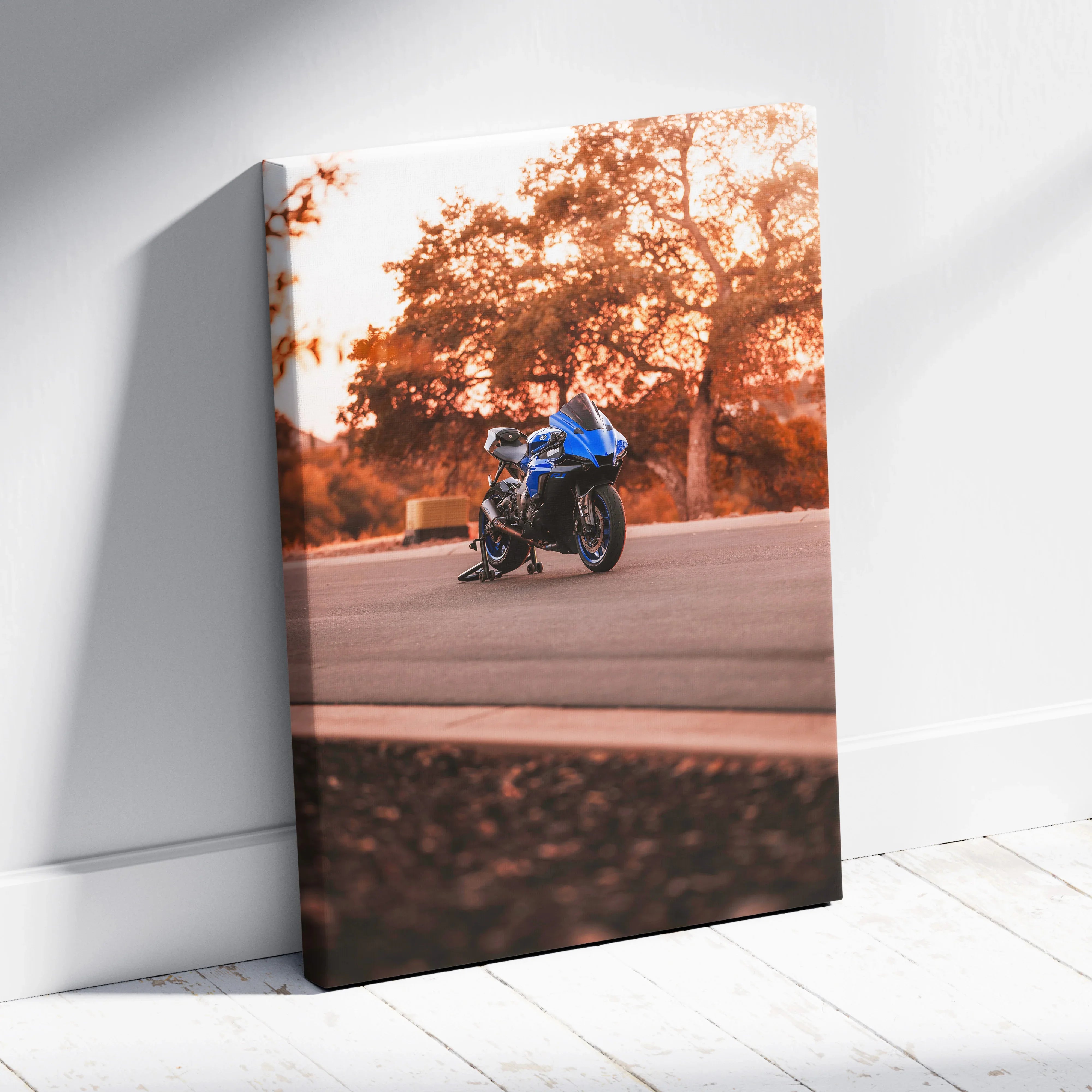 Yamaha R1 motorcycle riding on road in autumn forest canvas art wall decor.