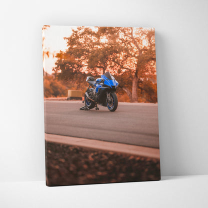 Yamaha R1 motorcycle on road with autumn trees background canvas wall art vertical print.
