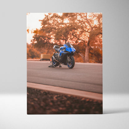 Blue Yamaha R1 motorcycle on road with autumn trees background vertical canvas wall art.