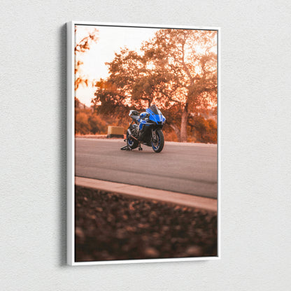Yamaha R1 motorcycle on road at sunset canvas wall art with warm autumn tones.