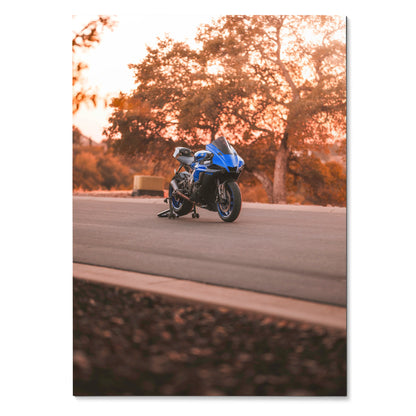 Yamaha R1 motorcycle on road with autumn trees background poster wall art.
