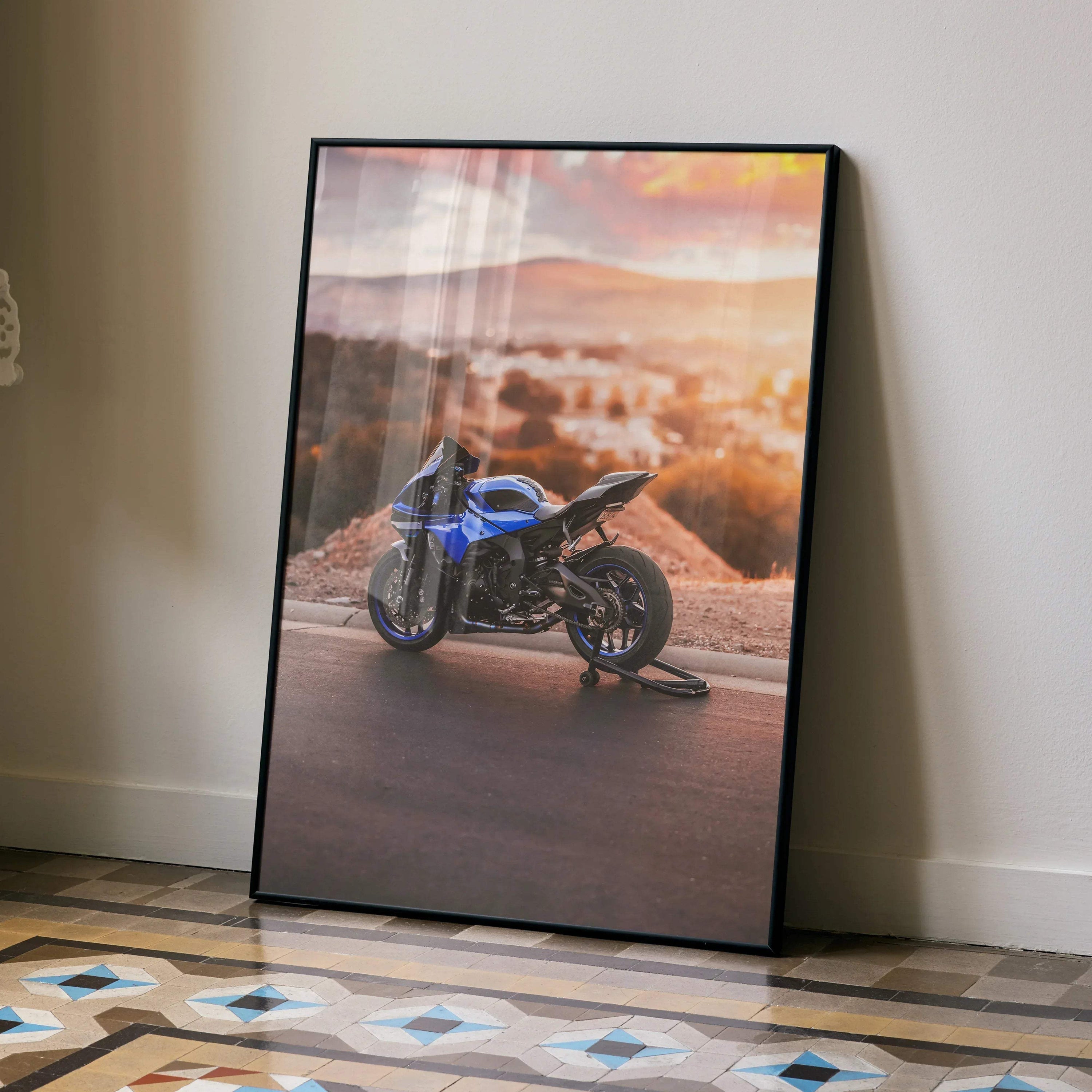 Yamaha YZF-R1 motorcycle poster with sunset background leaning against wall, premium wall art.