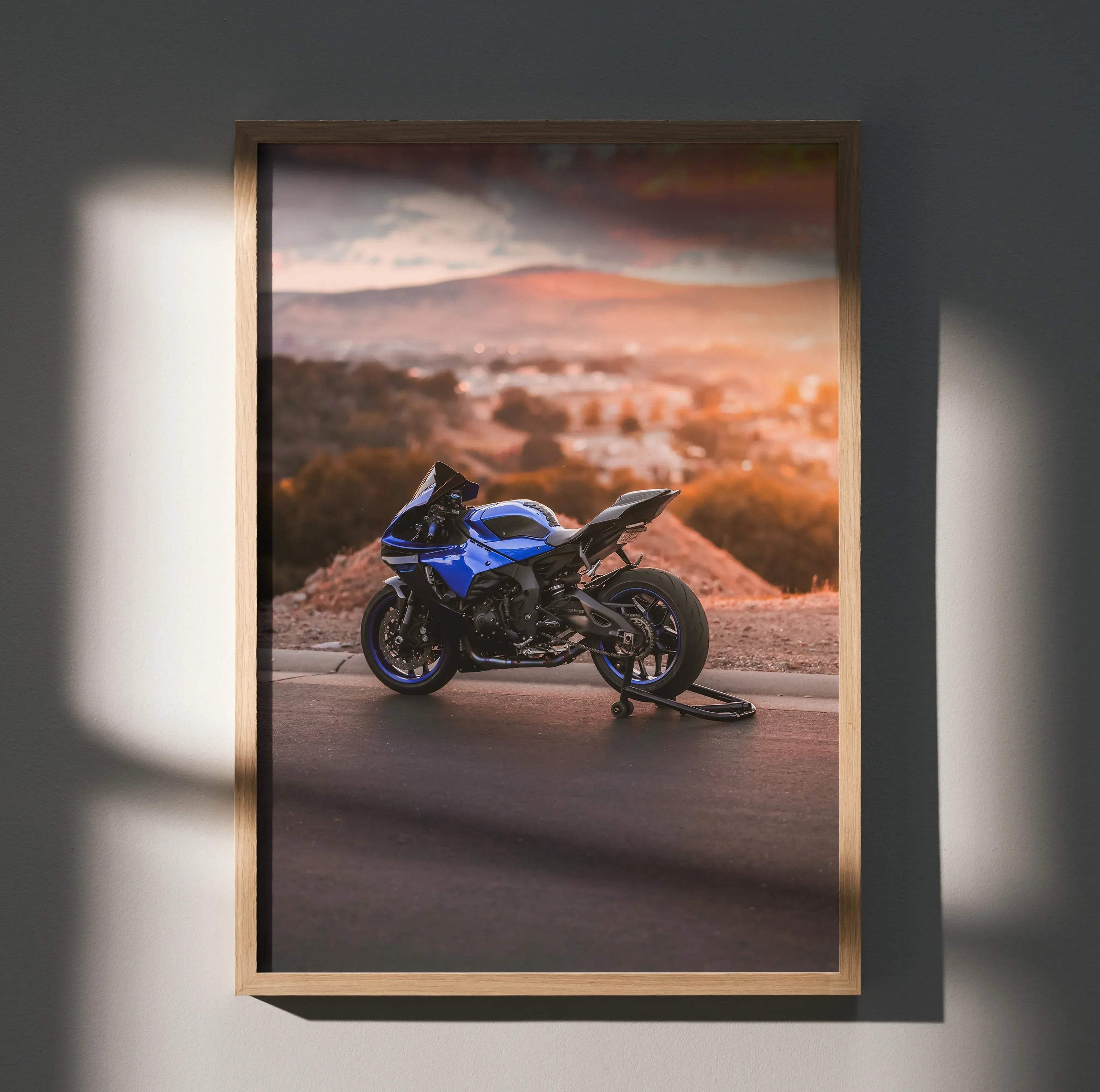 Yamaha YZF-R1 motorcycle poster with sunset landscape, framed wall art in warm light.