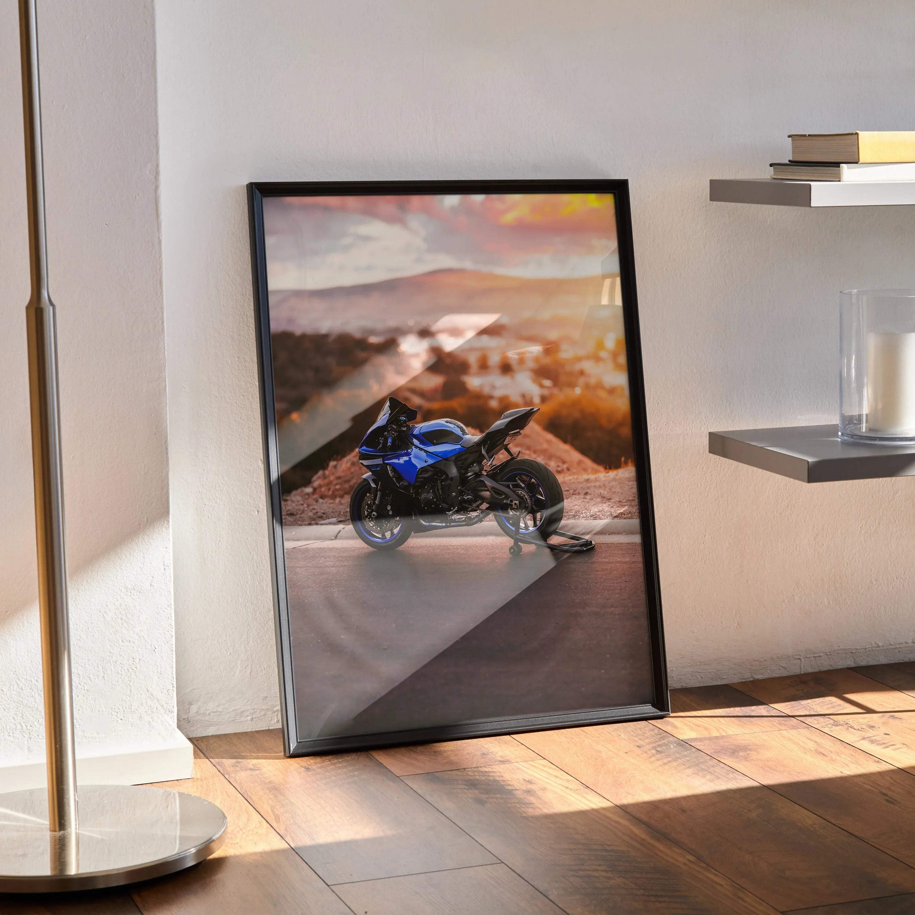 Yamaha YZF-R1 motorcycle poster with blue sportbike on desert road sunset wall art in black frame.