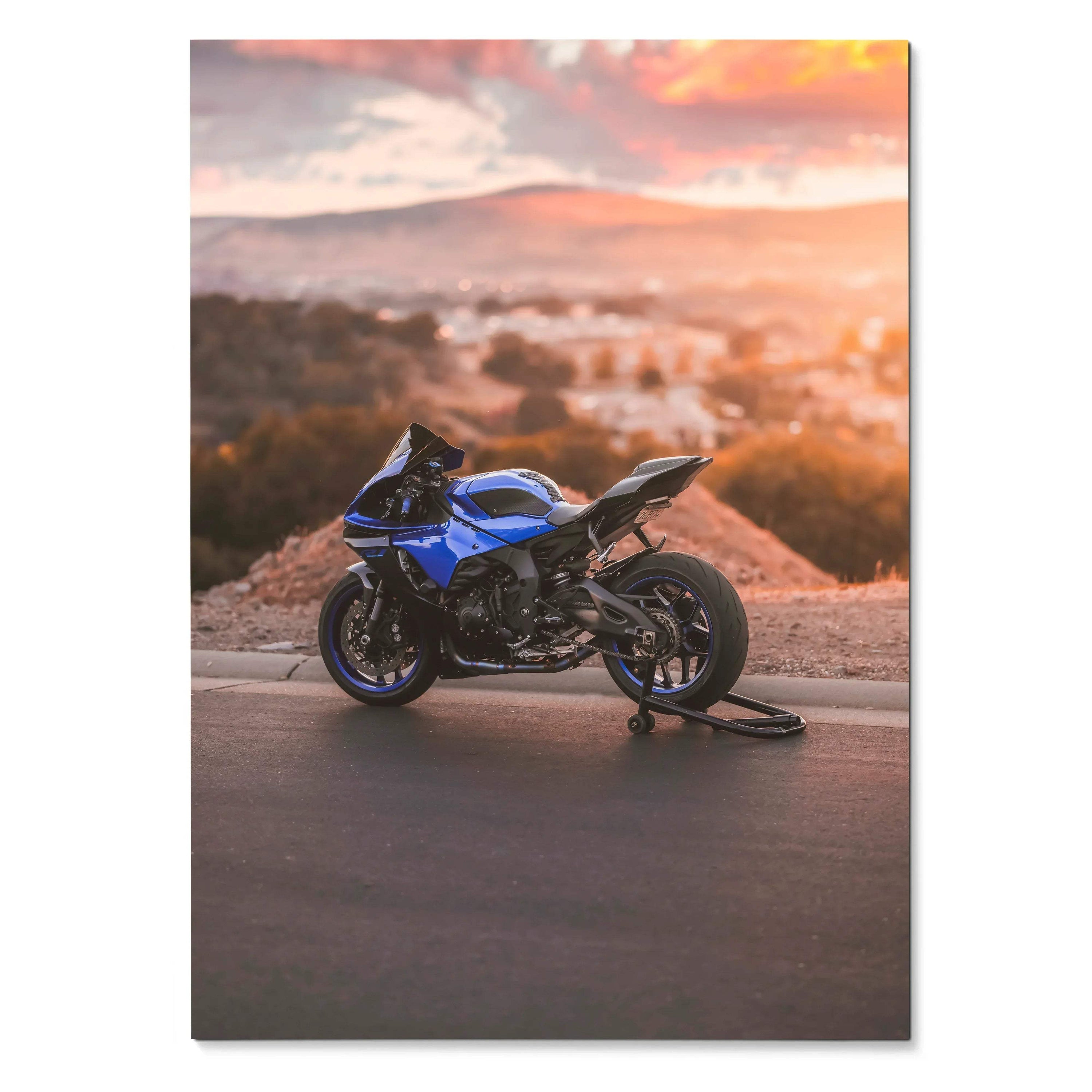 Blue Yamaha YZF-R1 motorcycle poster with sunset backdrop and soft landscape, premium wall art.