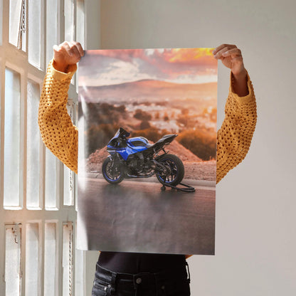Yamaha YZF-R1 motorcycle poster with vivid sunset background, premium wall art detail.