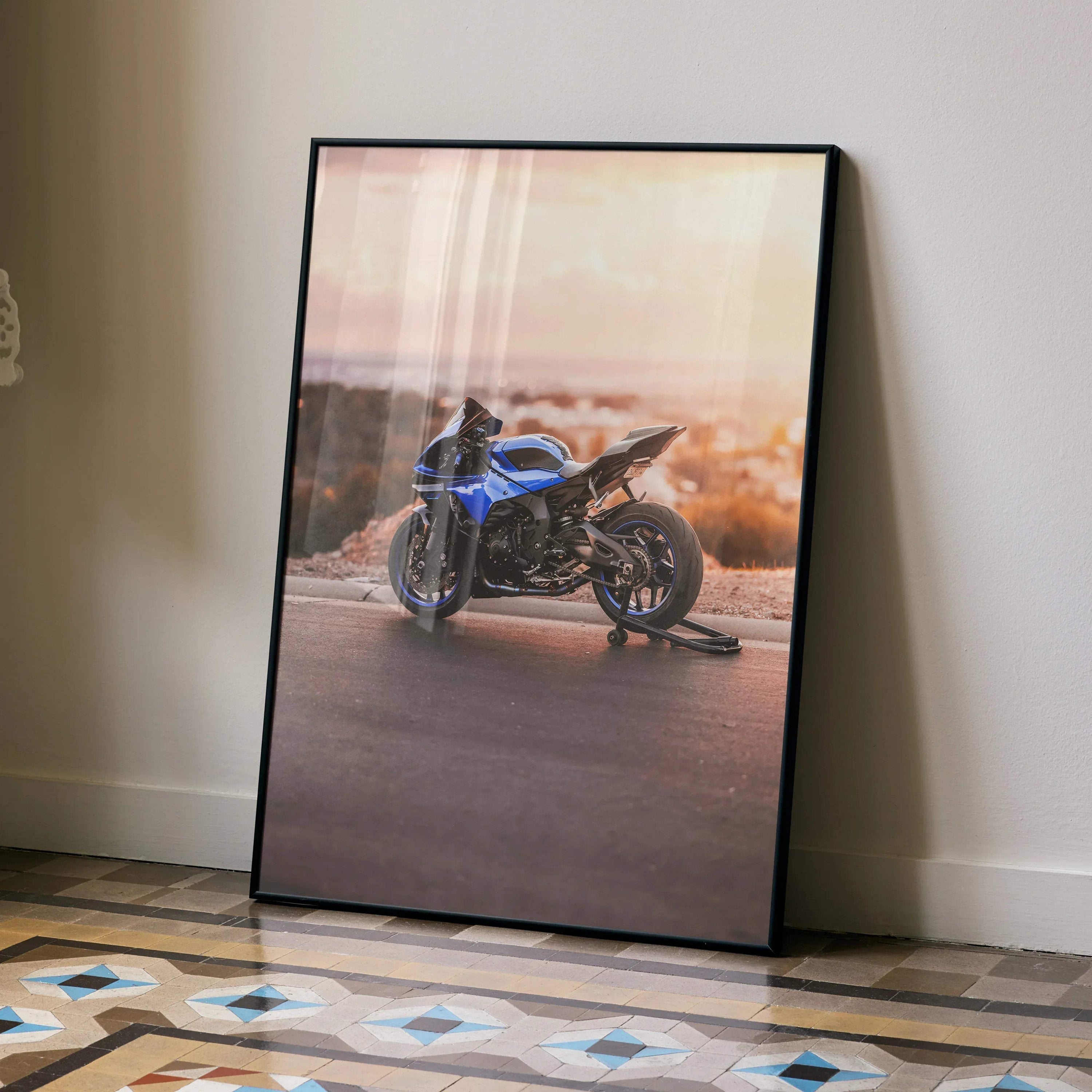 Yamaha R1 motorcycle poster with blue bike at sunset, framed wall art for enthusiasts.