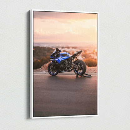 Yamaha R1 sport motorcycle against a sunset backdrop on vertical canvas wall art.