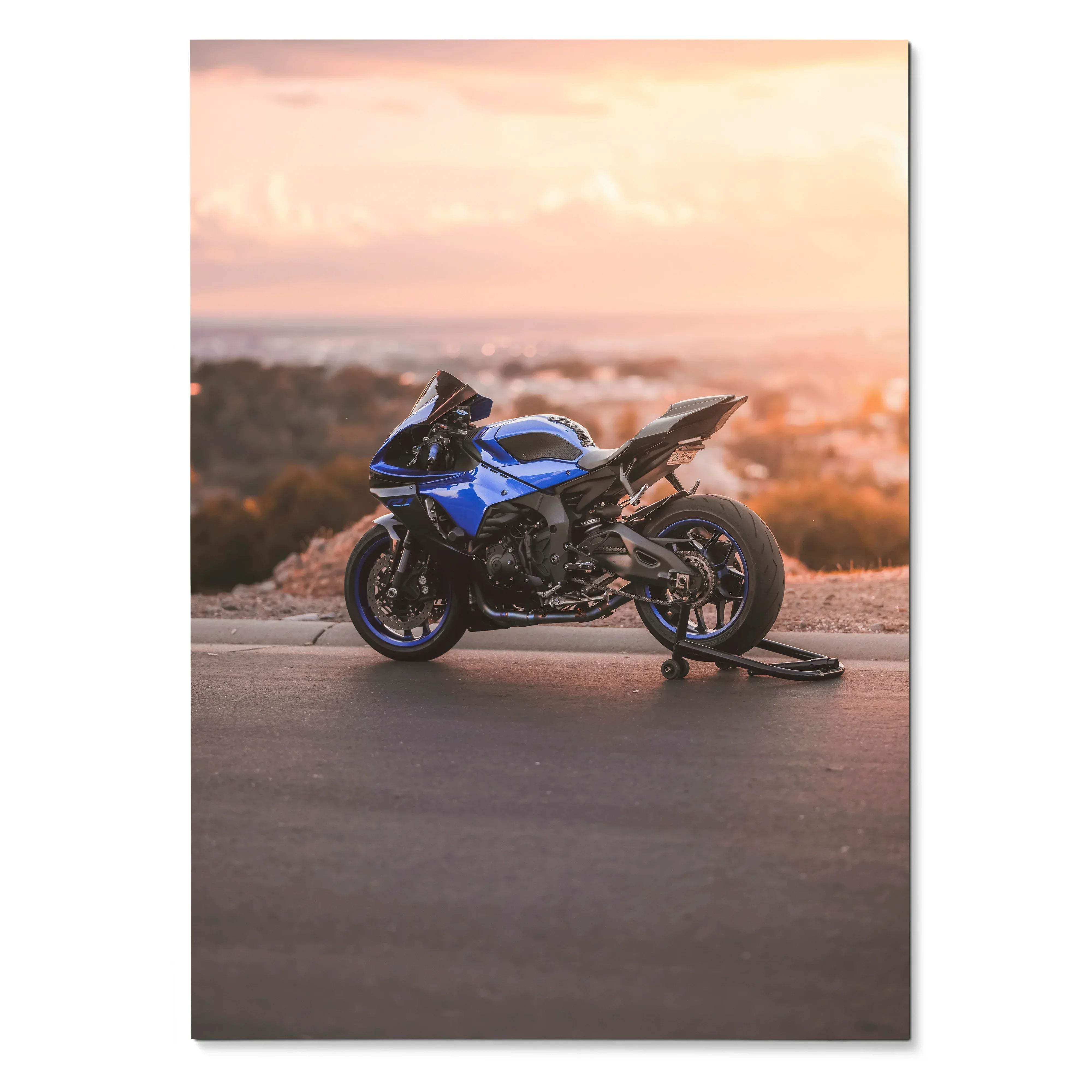 Yamaha R1 motorcycle poster in blue and black, captured at sunset for vibrant wall art.