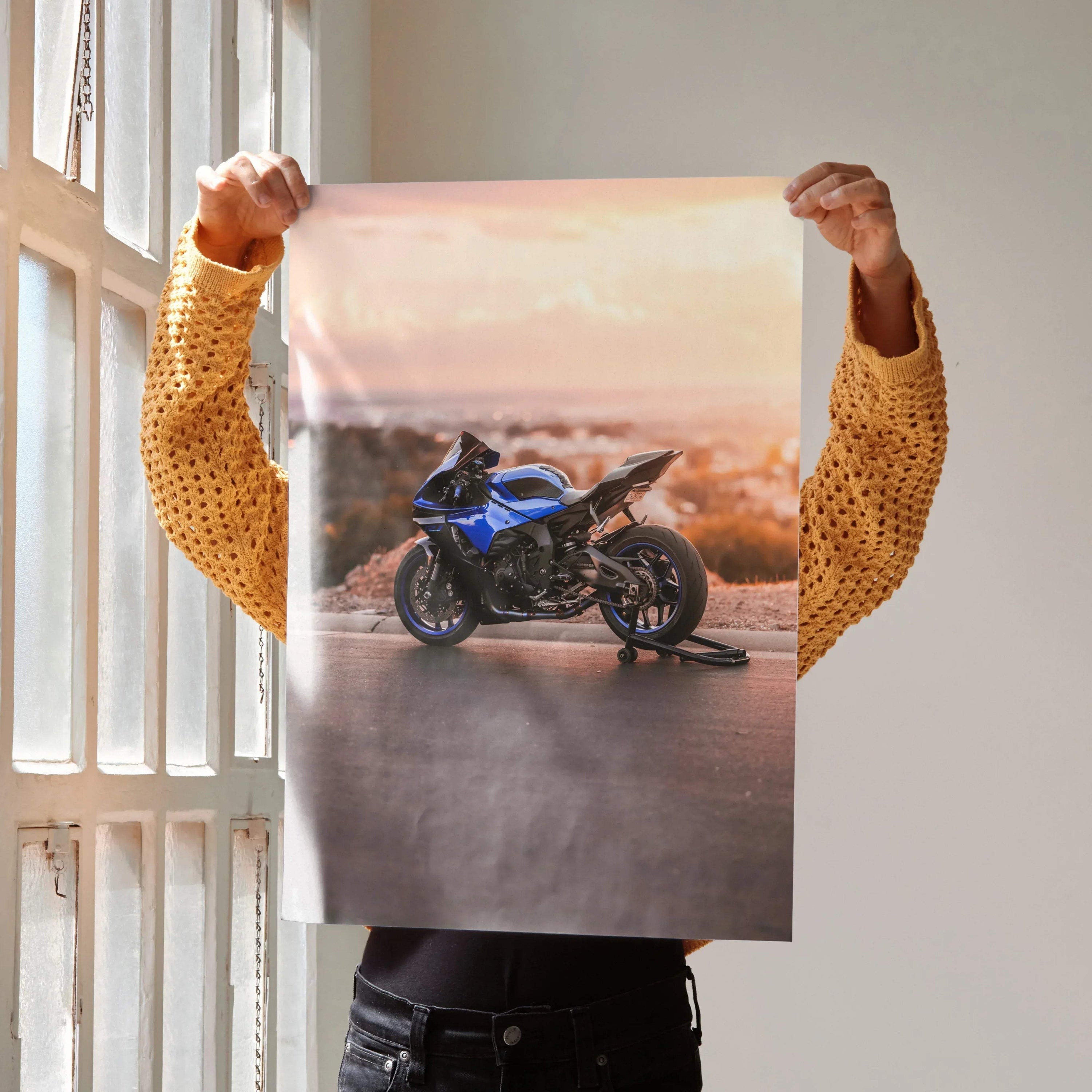 Yamaha R1 motorcycle poster with blue bike on scenic road, sunset wall art print.