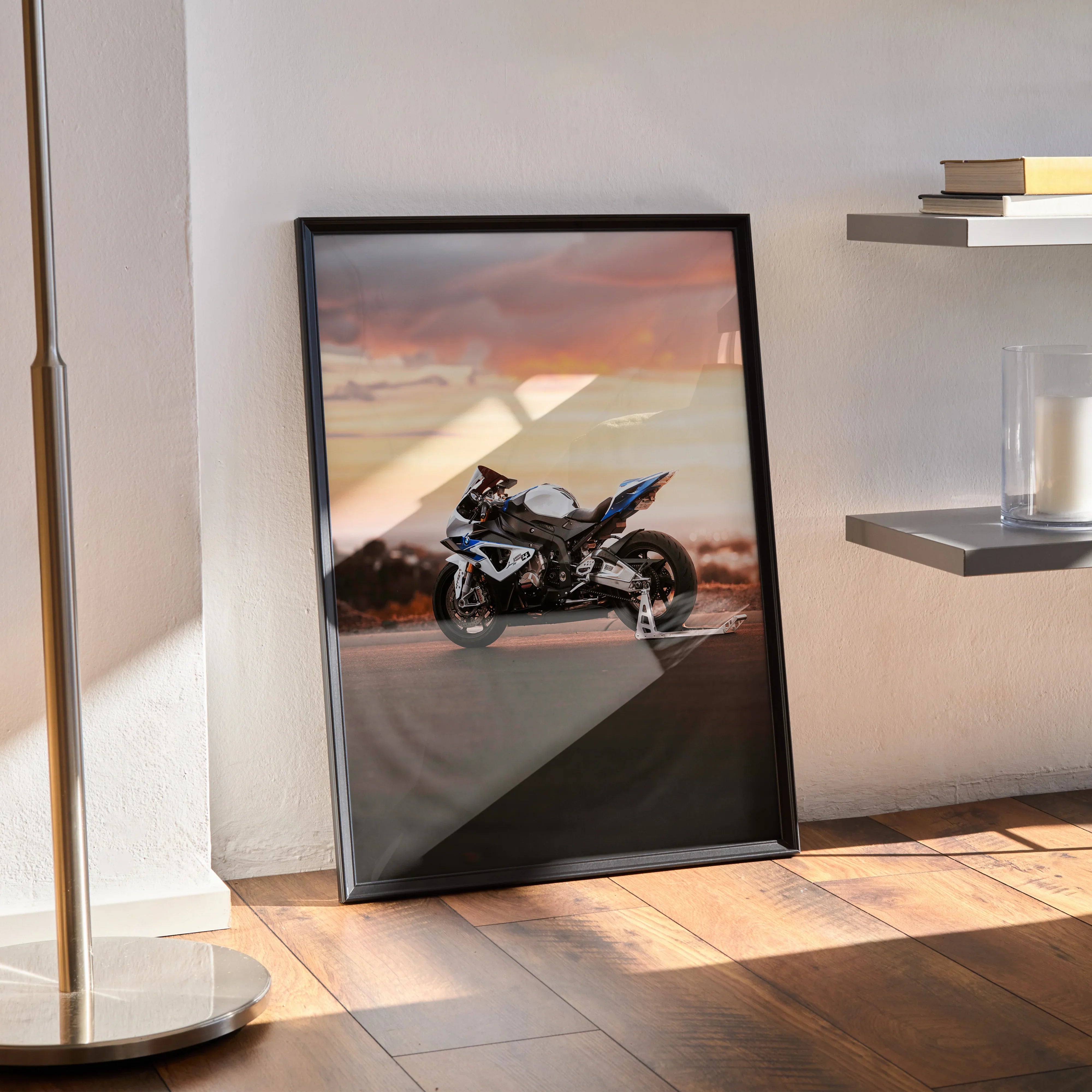 BMW S1000RR HP4 motorcycle poster with sunset background in black frame wall art.