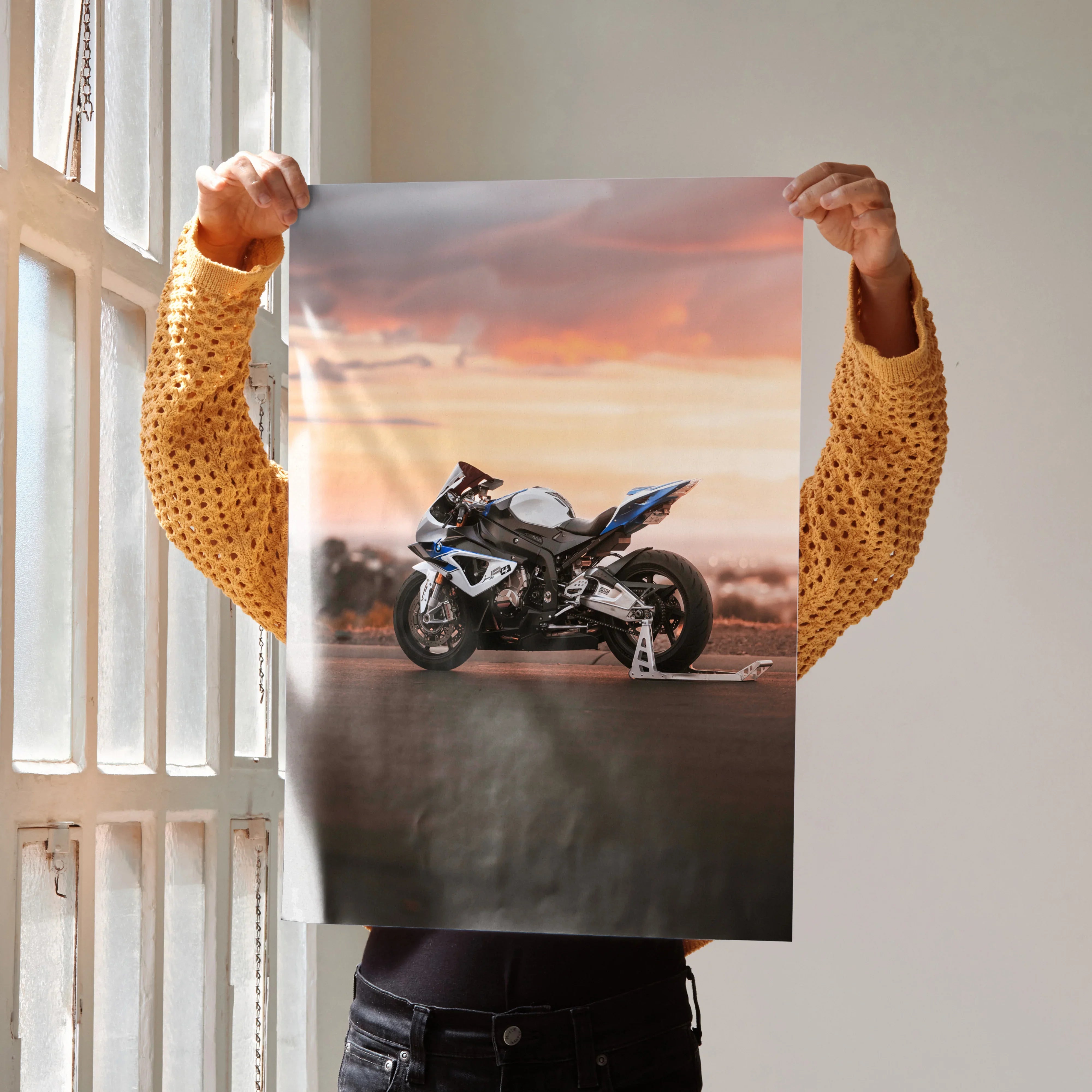 BMW S1000RR HP4 motorcycle poster with sunset background, premium wall art print.