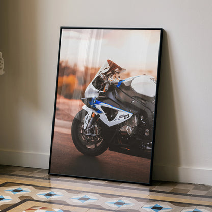 BMW S1000RR HP4 motorcycle poster with sleek white and blue sportbike design wall art.