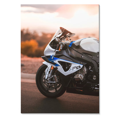 BMW S1000RR HP4 motorcycle close-up poster wall art with sunset background in warm tones.