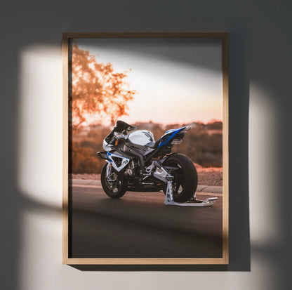 BMW S1000RR HP4 motorcycle poster with sunset background, modern wall art in wooden frame.