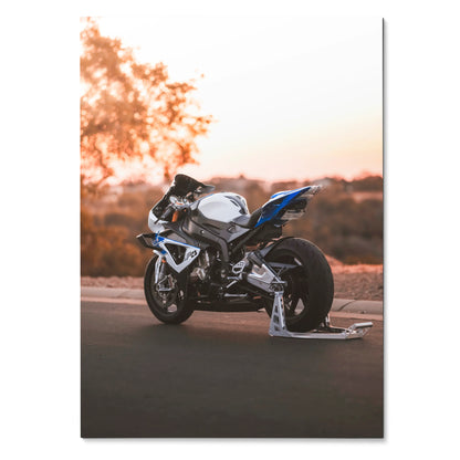 BMW S1000RR HP4 motorcycle poster with sunset background, sleek blue and white design wall art.