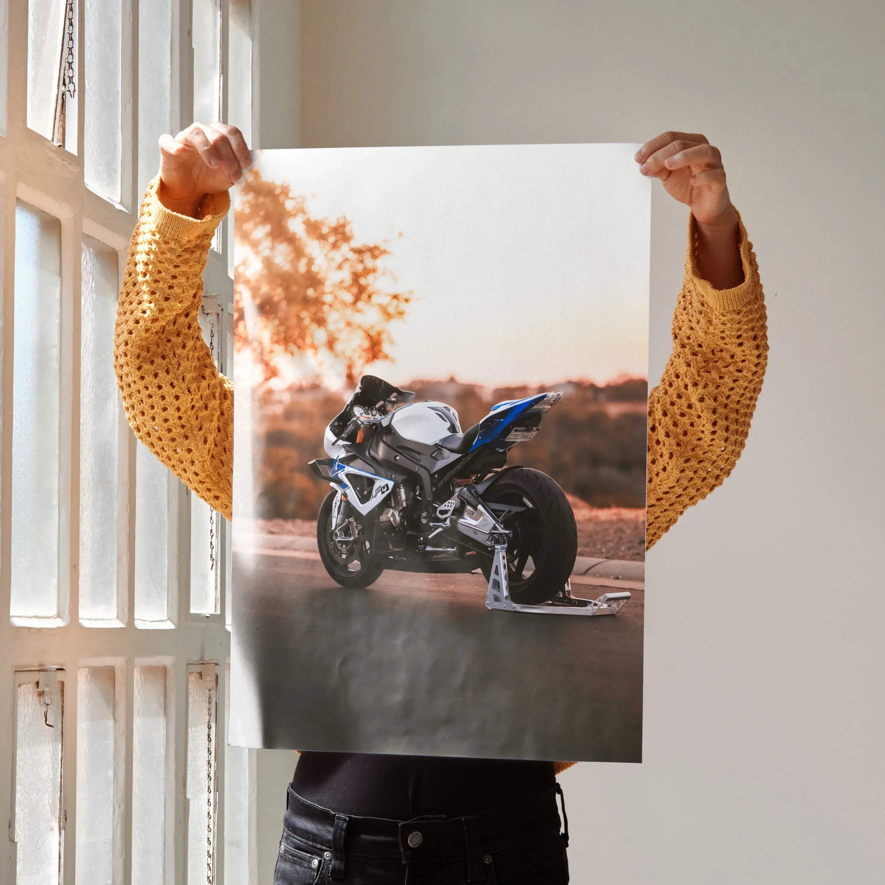Poster wall art featuring a BMW S1000RR HP4 motorcycle in moody outdoor setting.