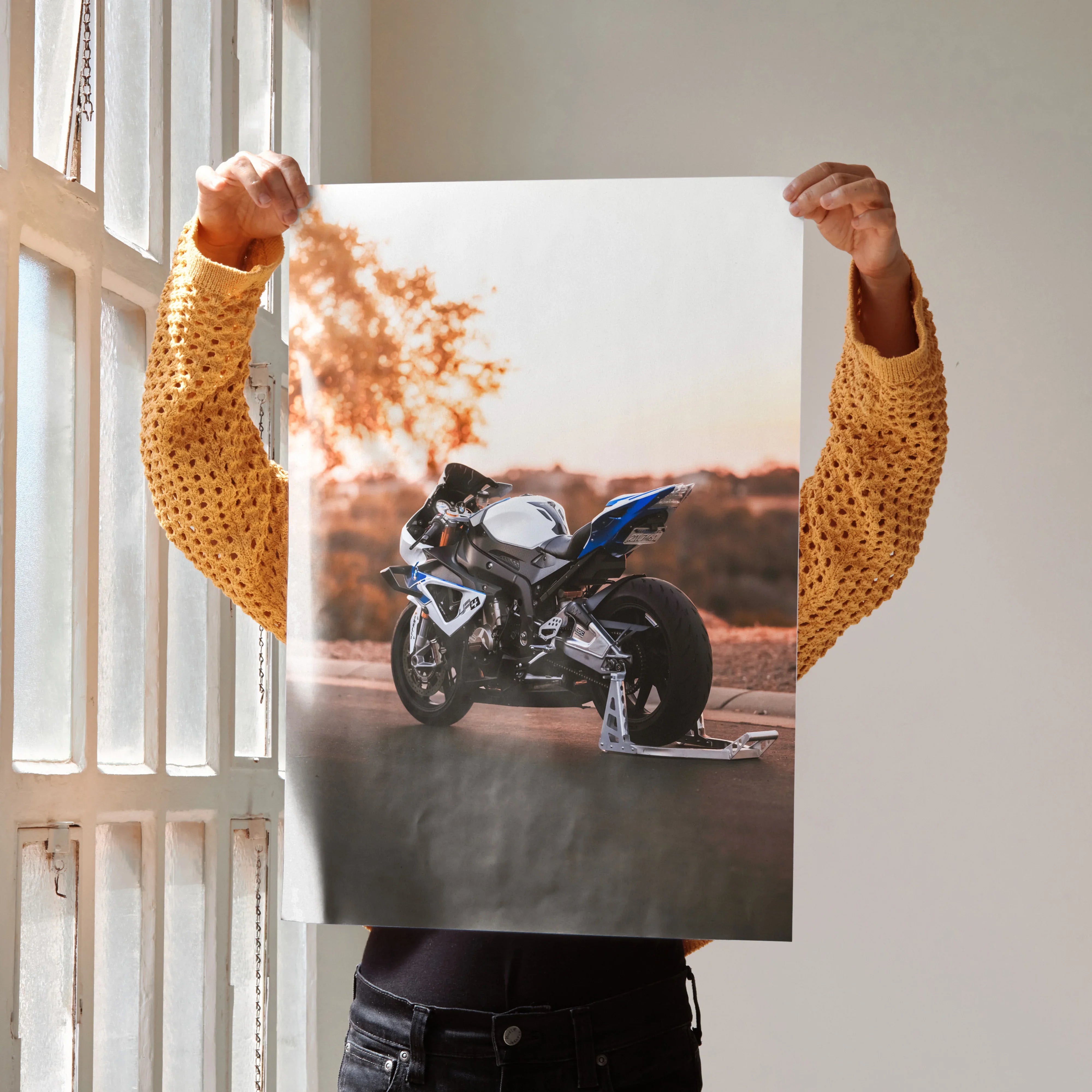 Poster wall art featuring a BMW S1000RR HP4 motorcycle in moody outdoor setting.