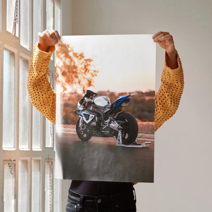 Poster wall art featuring a BMW S1000RR HP4 motorcycle in moody outdoor setting.