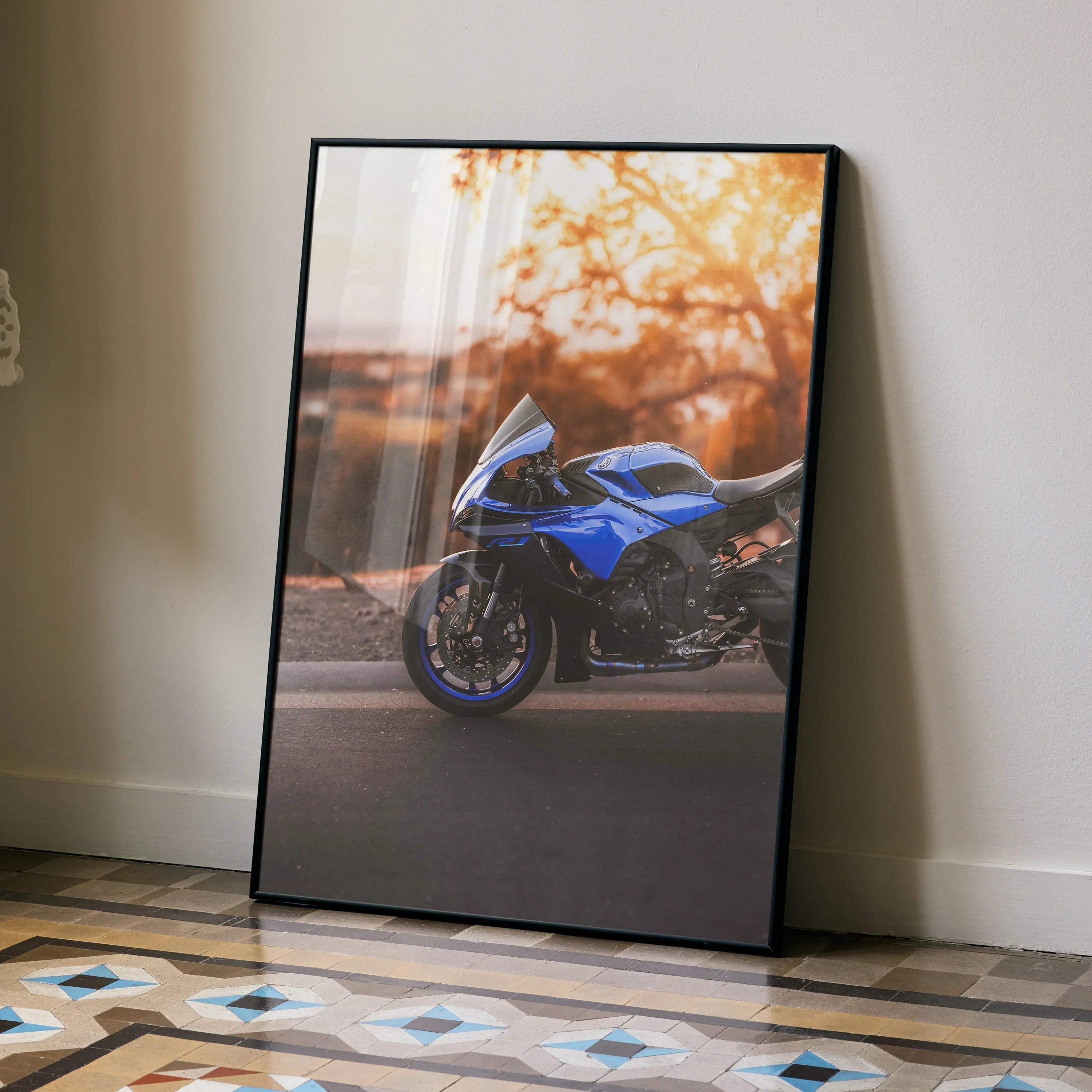 Yamaha R1 motorcycle poster with sunset background in sleek black frame wall art.
