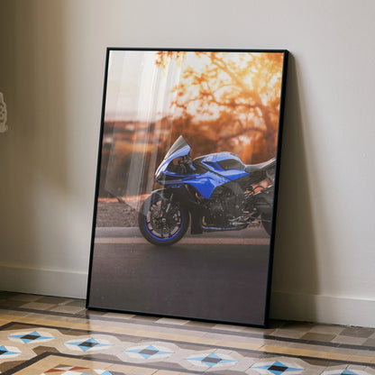 Yamaha R1 motorcycle poster with sunset background in sleek black frame wall art.