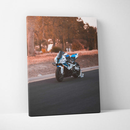 BMW S1000RR motorcycle on road canvas art with autumn trees background wall art.