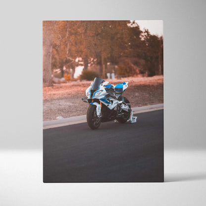 BMW S1000RR motorcycle blue and white on road forest background vertical canvas art wall decor.